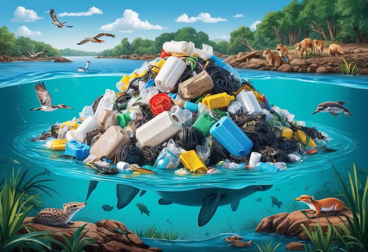 A pile of plastic waste surrounded by wildlife and polluted water