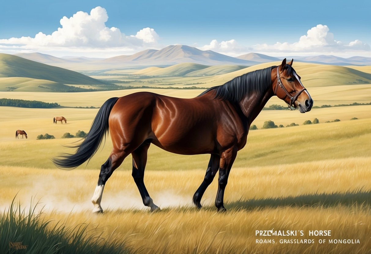 The Przewalski's horse roams the open grasslands of Mongolia, with rolling hills and distant mountains in the background