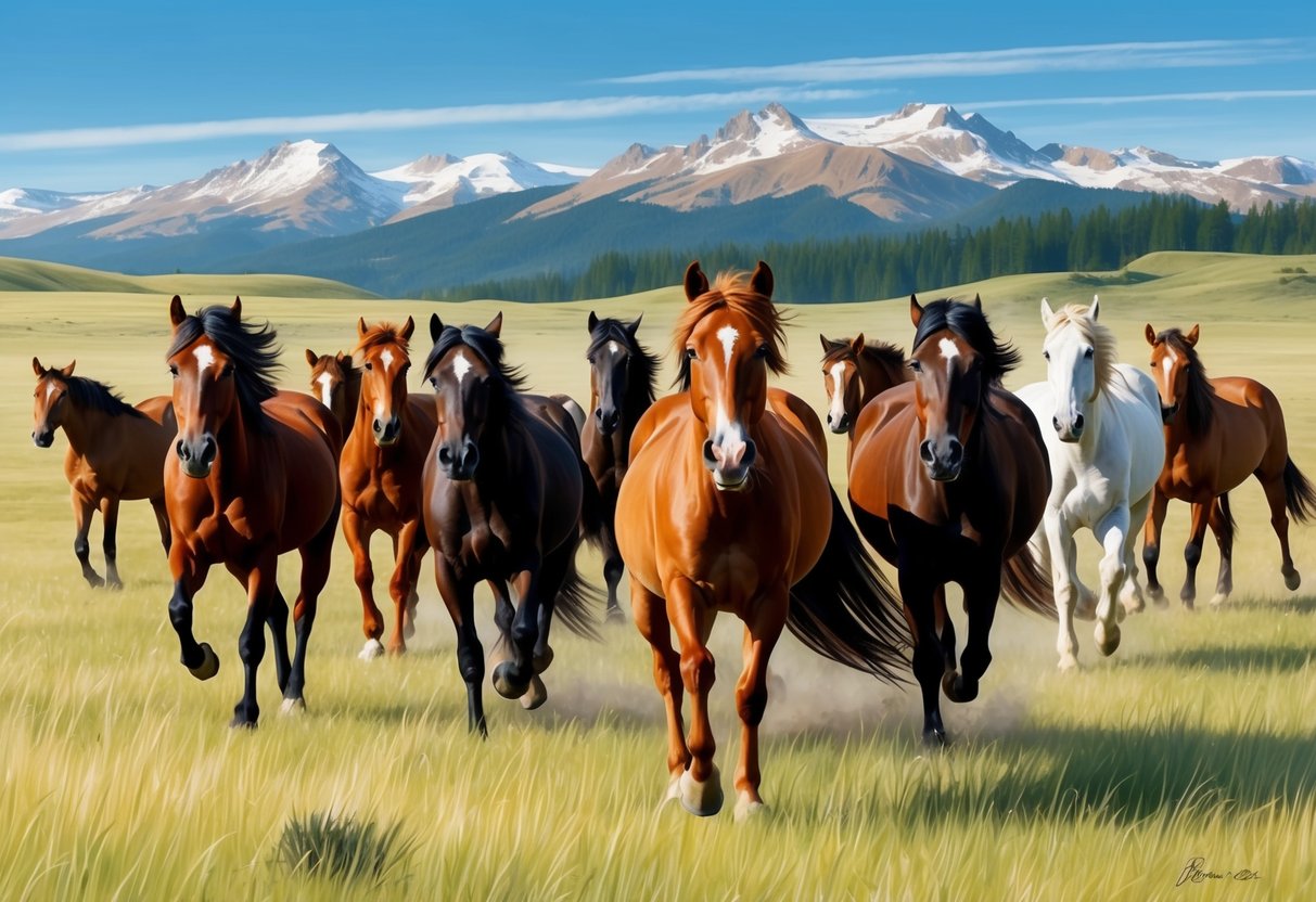 A herd of przewalski horses roam freely in a vast grassland, with mountains in the background and a clear blue sky above