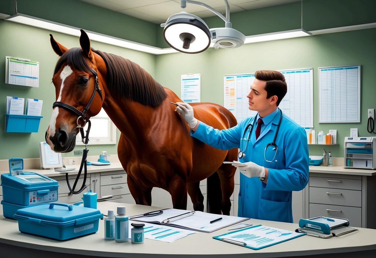 A veterinarian examines a przewalski horse in a well-lit clinic, surrounded by medical equipment and charts