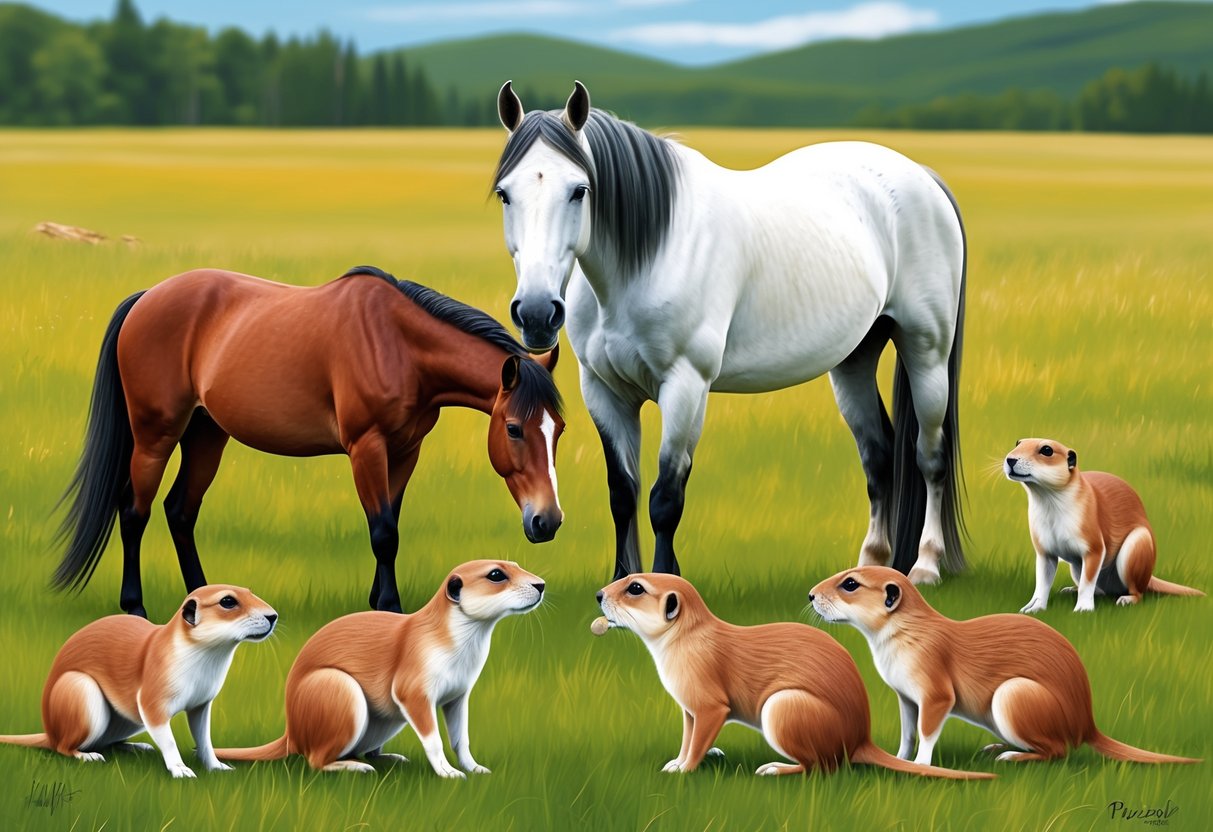 A Przewalski's horse interacts with a group of curious prairie dogs in a grassy meadow