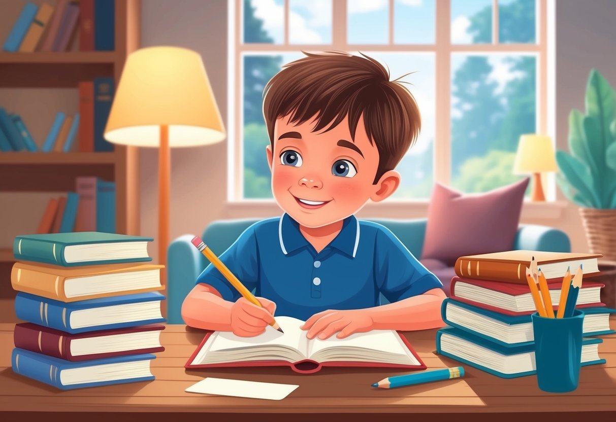 A young boy studying books in a cozy, well-lit room with a pencil and paper