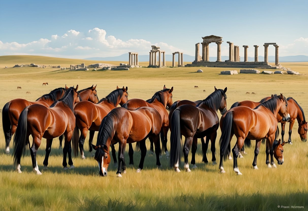 A herd of Przewalski's horses graze in a vast, open grassland, with ancient ruins in the background, symbolizing their cultural and historical significance