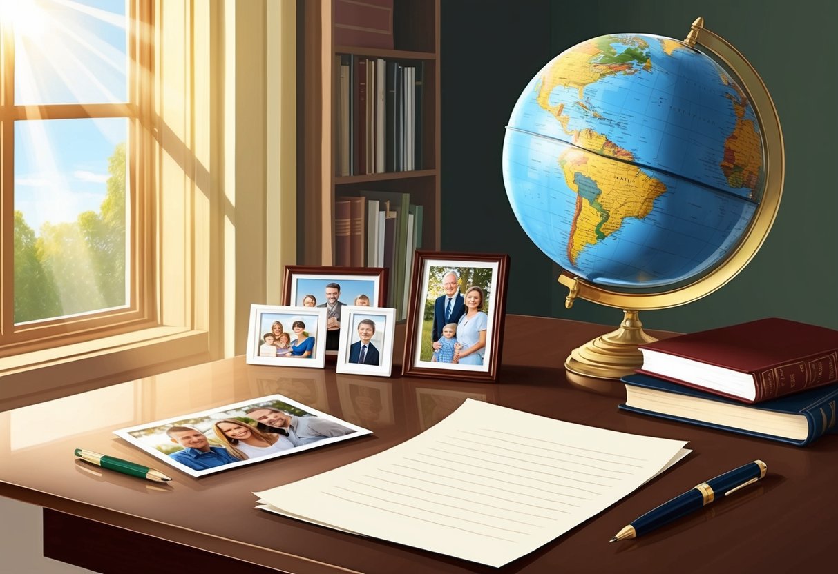 King's desk with family photos, books, and a globe.</p><p>A pen and paper sit ready for writing.</p><p>Sunlight streams through the window