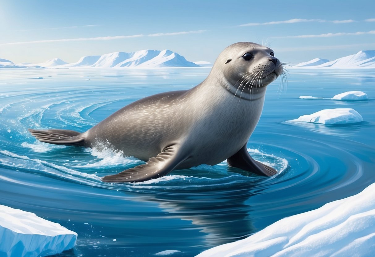 A ringed seal swims gracefully through icy waters, its sleek, silver-gray body glinting in the sunlight as it navigates the frozen landscape