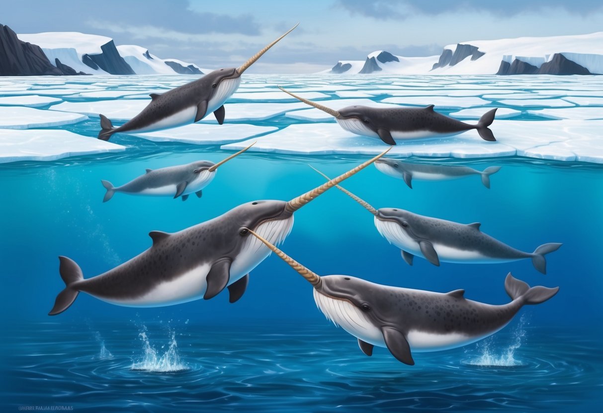 A pod of narwhals swimming in icy waters, using their long tusks to break through thick layers of ice to access their food sources below