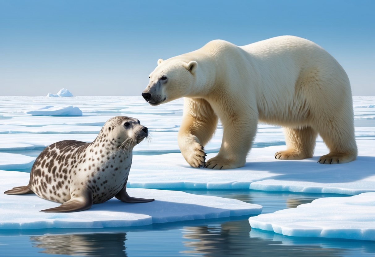 A ringed seal cautiously watches as a polar bear approaches on the ice floe, its sleek form contrasting against the white backdrop