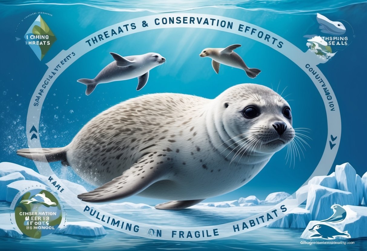 A ringed seal swims cautiously through icy waters, while looming threats and conservation efforts encircle its fragile habitat