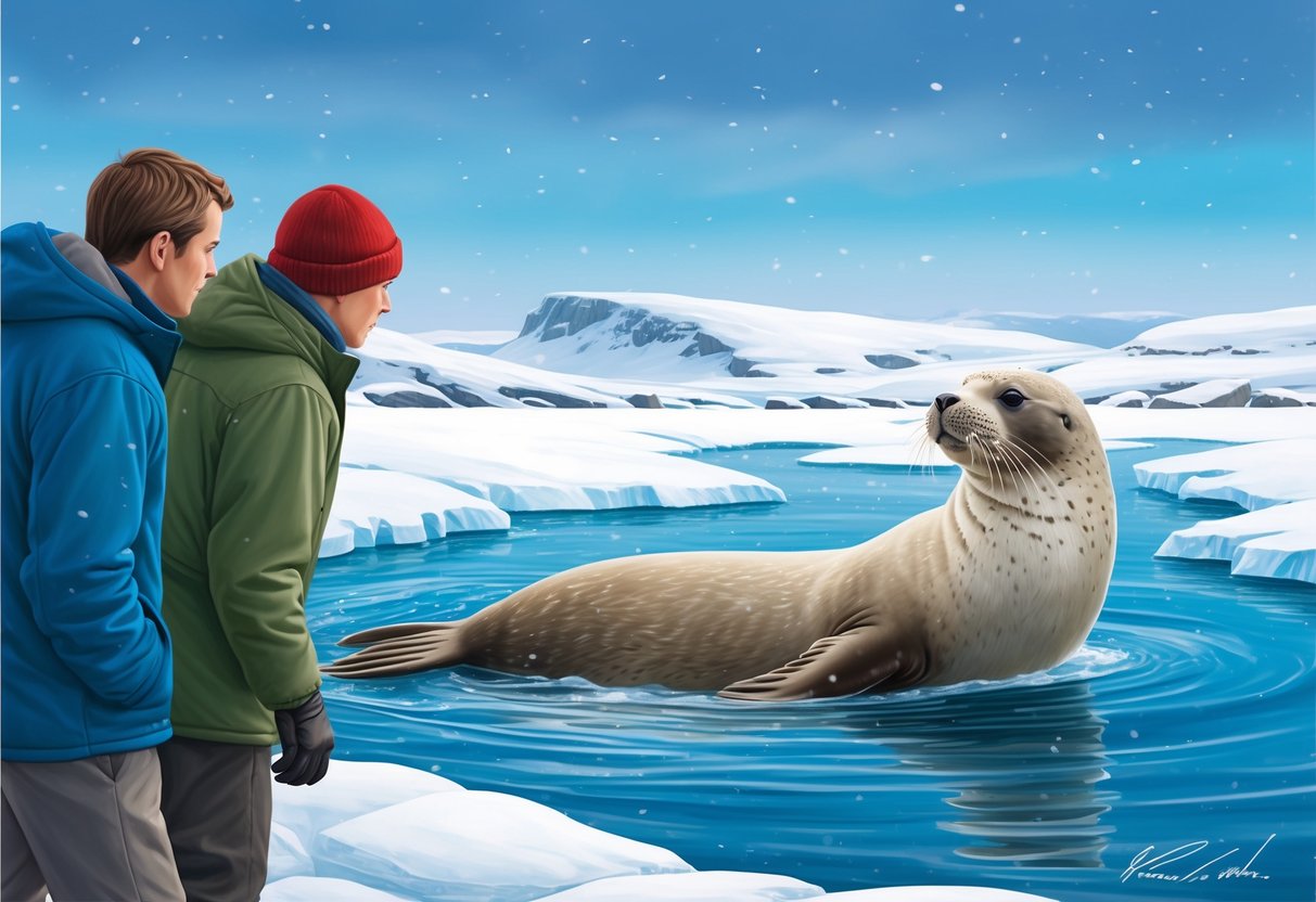 Two people observing a ringed seal swimming in icy waters.</p><p>Snow-covered landscape in the background