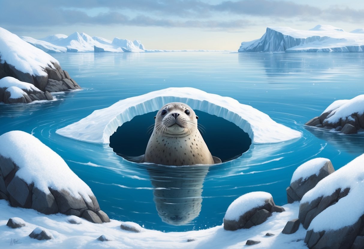 A ringed seal surfaces through a hole in the ice, surrounded by snow-covered rocks and a calm, icy sea