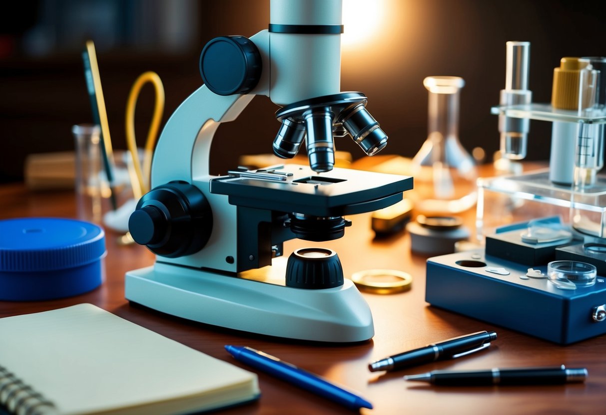 A microscope focused on a specimen, surrounded by scientific equipment and tools, with a notebook and pen nearby for recording observations