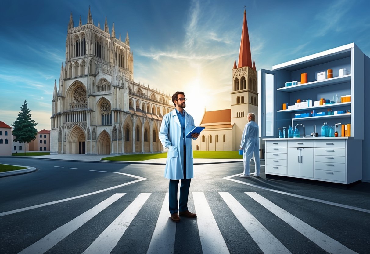 A scientist stands at the crossroads of a medieval cathedral and a modern laboratory, symbolizing the intersection of science and religion