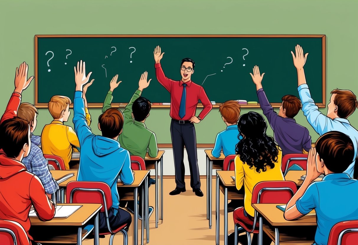 A group of students in a classroom, raising their hands to ask questions while the teacher stands at the front of the room with a chalkboard behind them