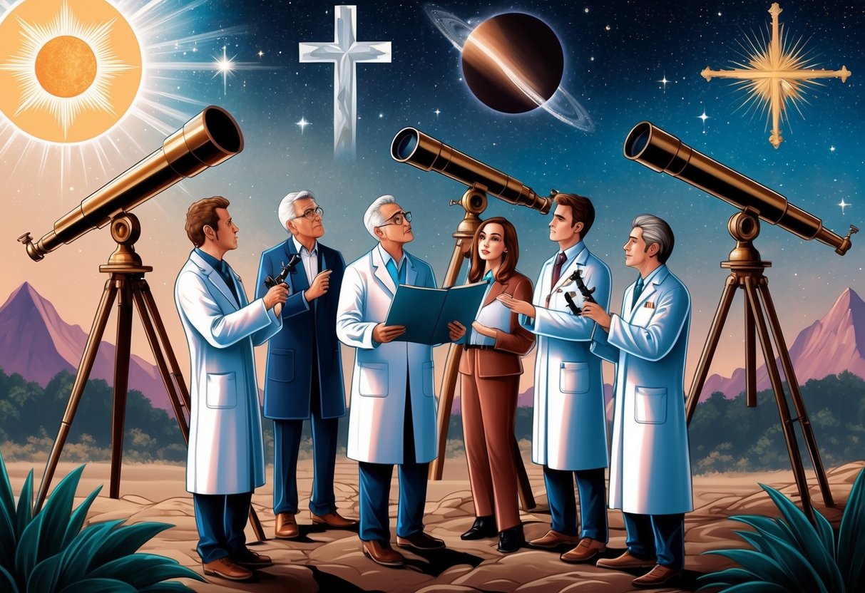 A group of scientists studying the cosmos, surrounded by telescopes and religious symbols