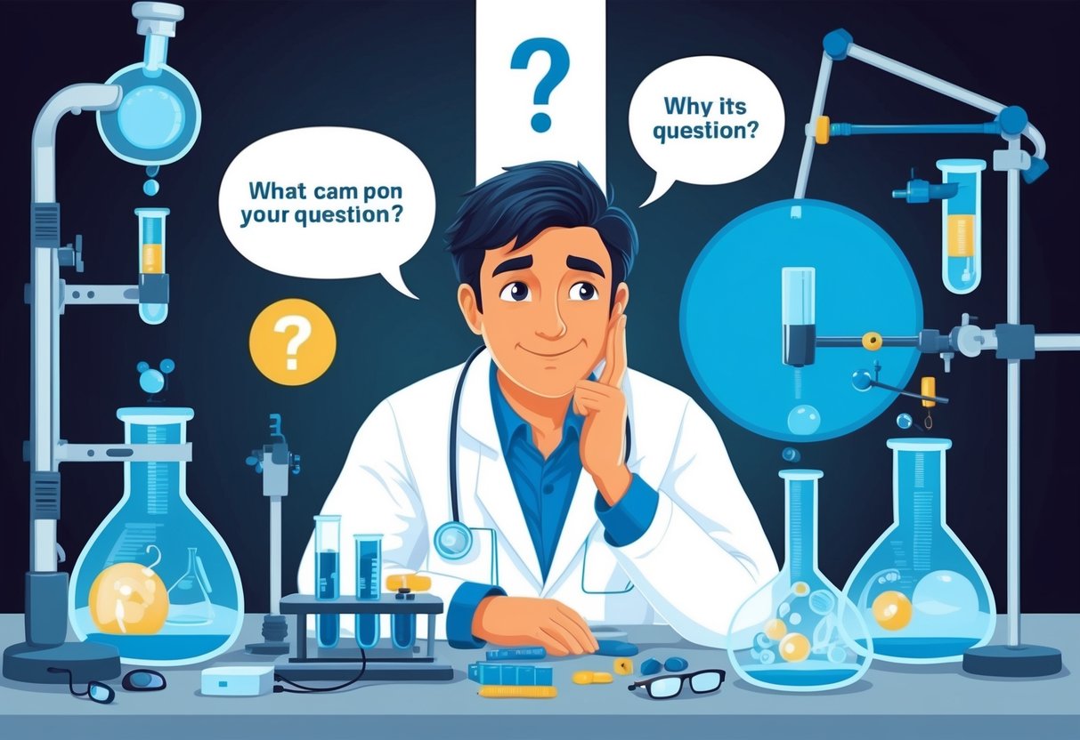 A scientist surrounded by research equipment, pondering a question with a curious expression