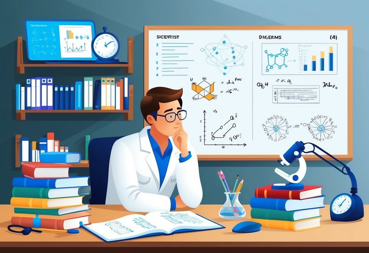 A scientist pondering over a research topic, surrounded by books, equipment, and a whiteboard filled with diagrams and equations