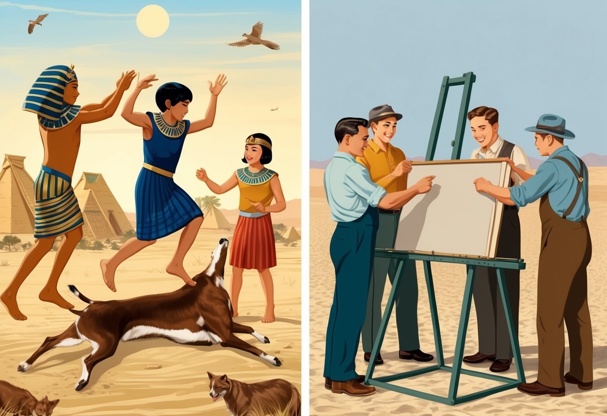 Children in ancient Egypt bounce on a stretched animal skin for fun, while a group of men in 1930s Iowa experiment with a canvas stretched over a metal frame