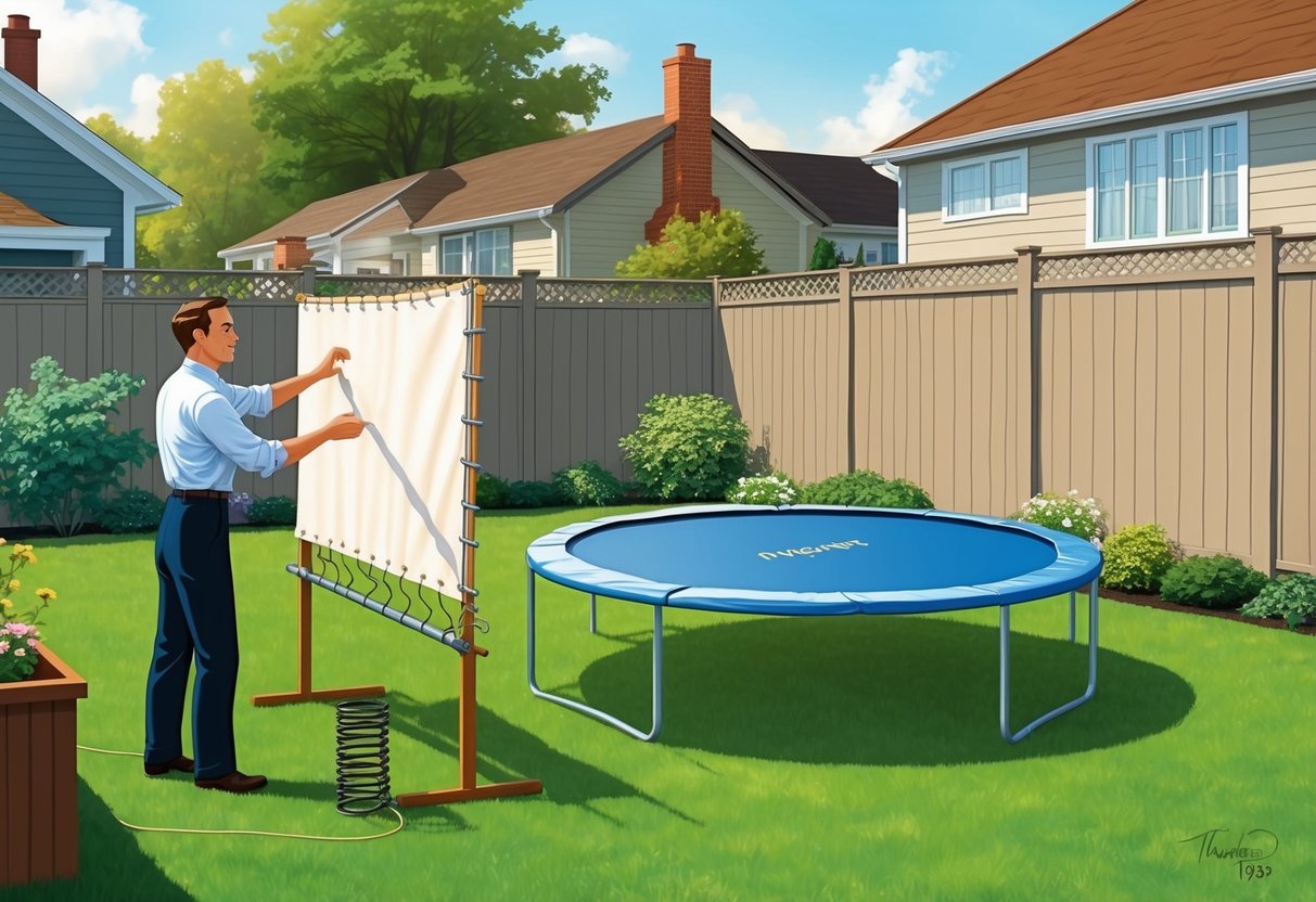 A backyard in the 1930s, a man experimenting with stretched canvas and metal springs, working on the first prototype of a trampoline