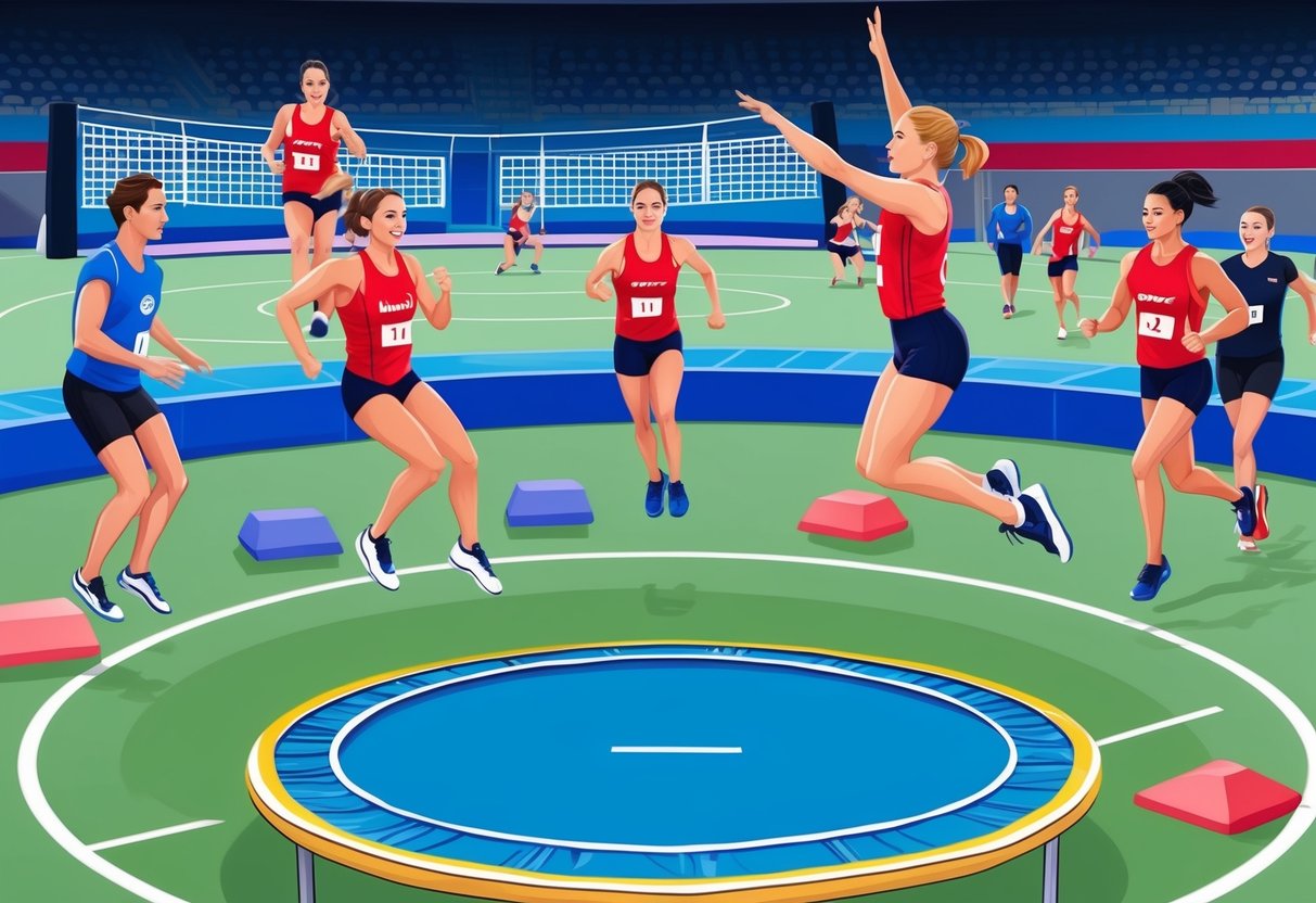 A trampoline surrounded by athletes in a competitive sports setting