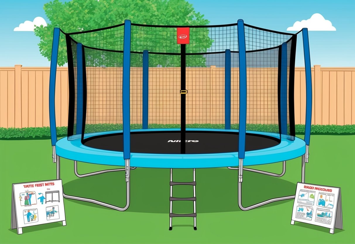 A backyard trampoline with safety netting, surrounded by soft padding, and clear usage instructions posted nearby