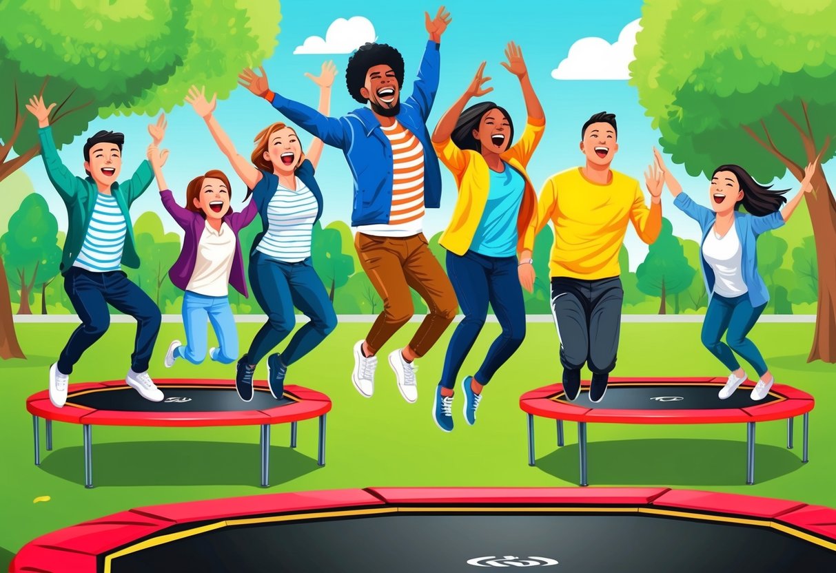 A group of people of different ages and backgrounds are shown enjoying themselves on trampolines in a park, with laughter and excitement filling the air