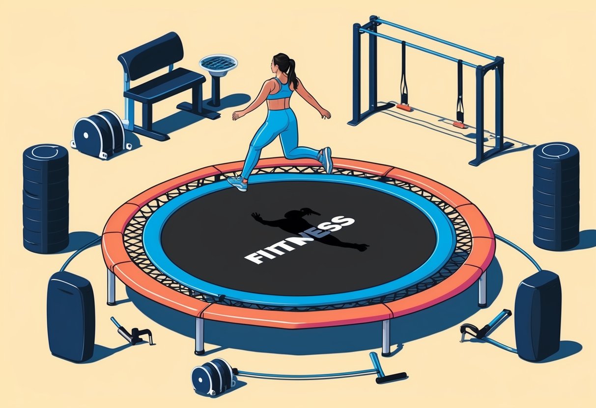 A trampoline surrounded by fitness equipment, with a person bouncing on it