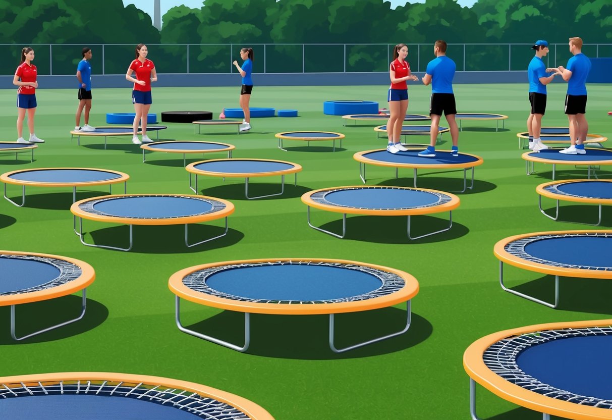 A group of trampolines scattered across a grassy field, with trainers instructing athletes in the background