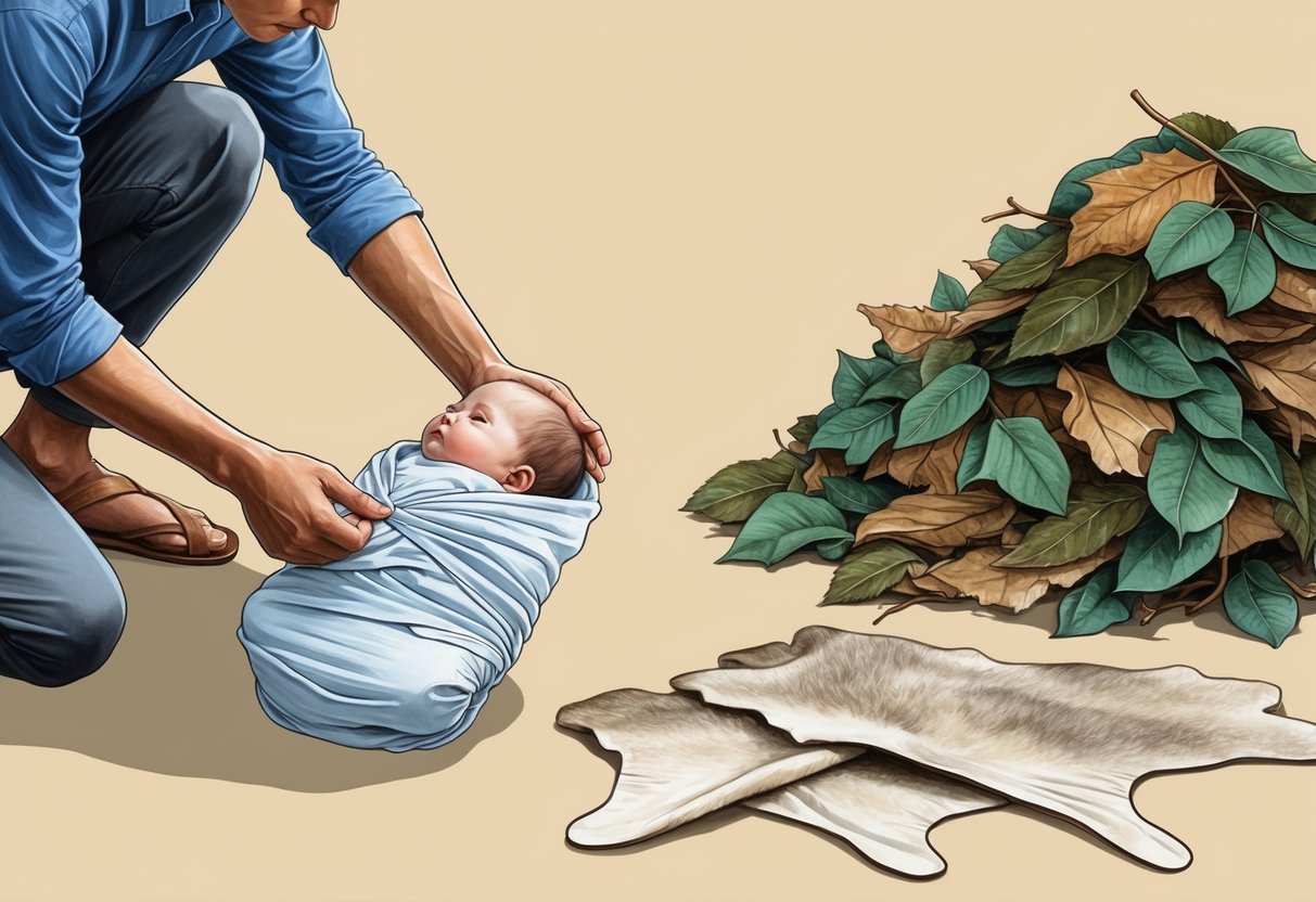 A person is seen wrapping a cloth around a baby.</p><p>Nearby, a pile of leaves and animal skins are shown, suggesting the historical evolution of diapering