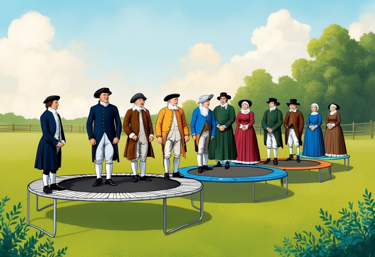 A group of people in historical clothing observe a series of trampolines, starting with a simple taut sheet and progressing to modern designs