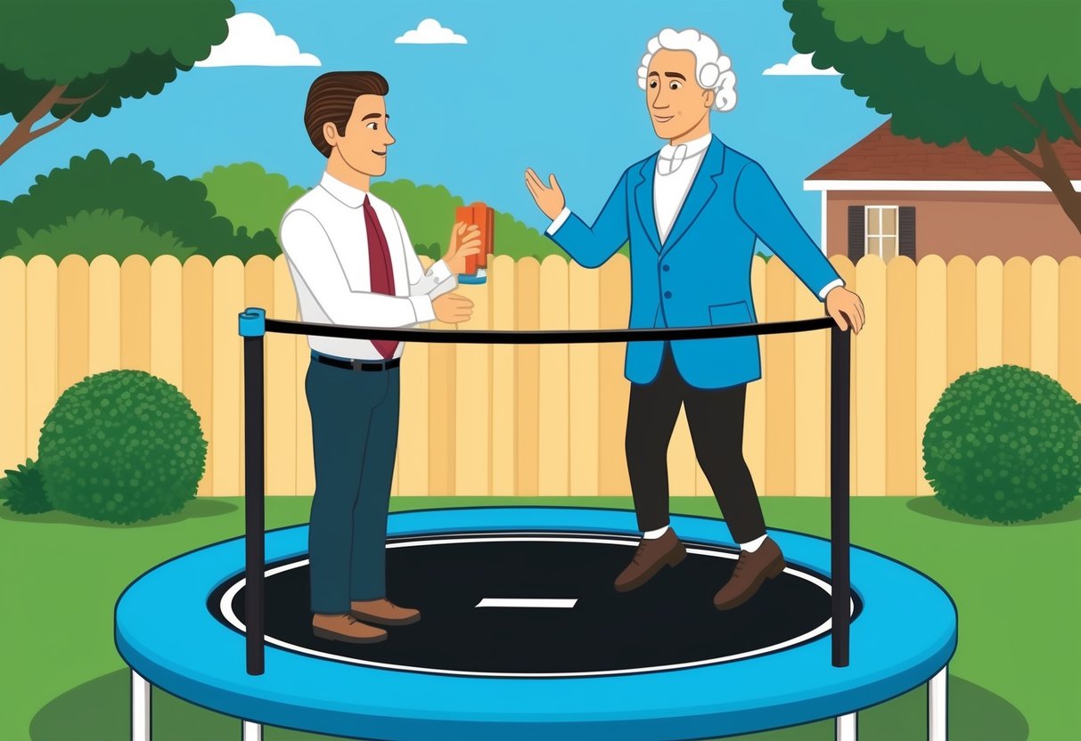 A historical figure inventing the trampoline in a backyard setting with a focus on safety and health considerations