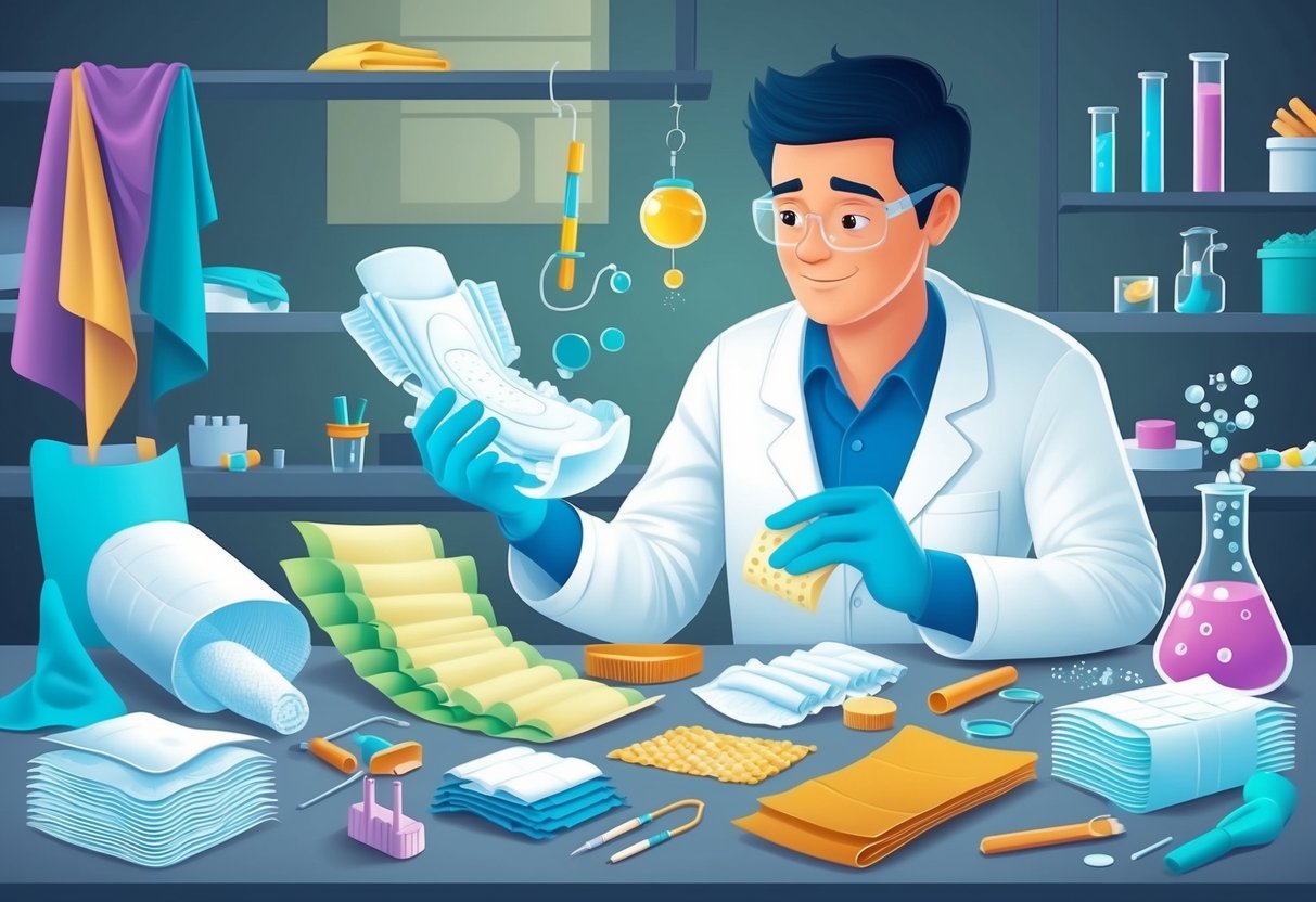 A scientist in a lab surrounded by various materials and tools, experimenting with different fabrics and absorbent materials to create a new type of diaper