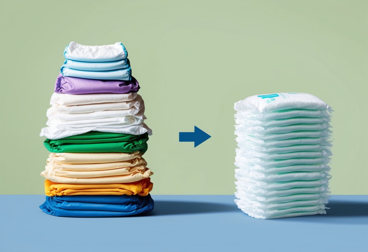 A pile of cloth diapers transforms into a stack of disposable diapers, symbolizing a cultural shift