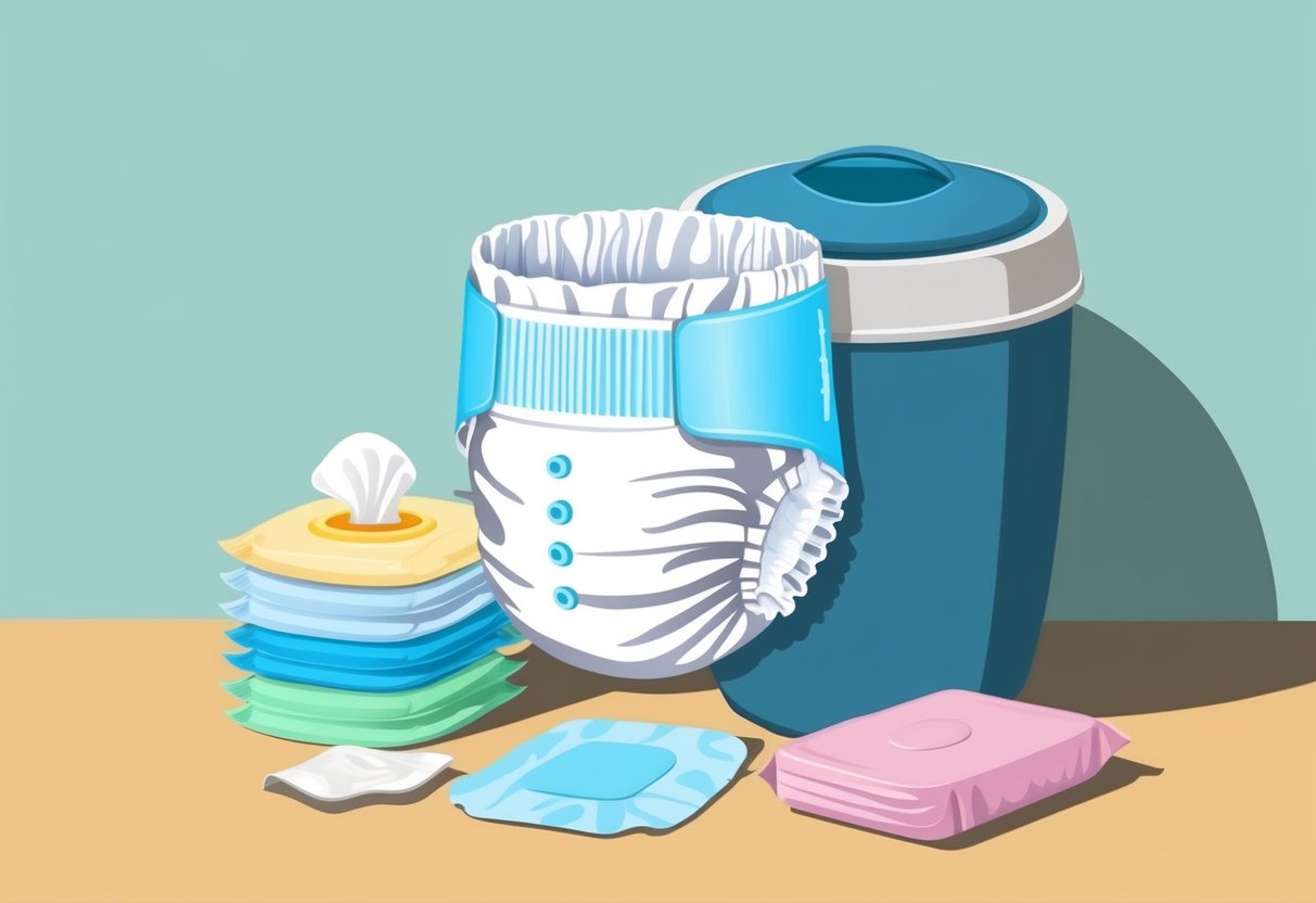 A baby diaper with secure adhesive tabs and absorbent core, surrounded by baby wipes and a diaper pail