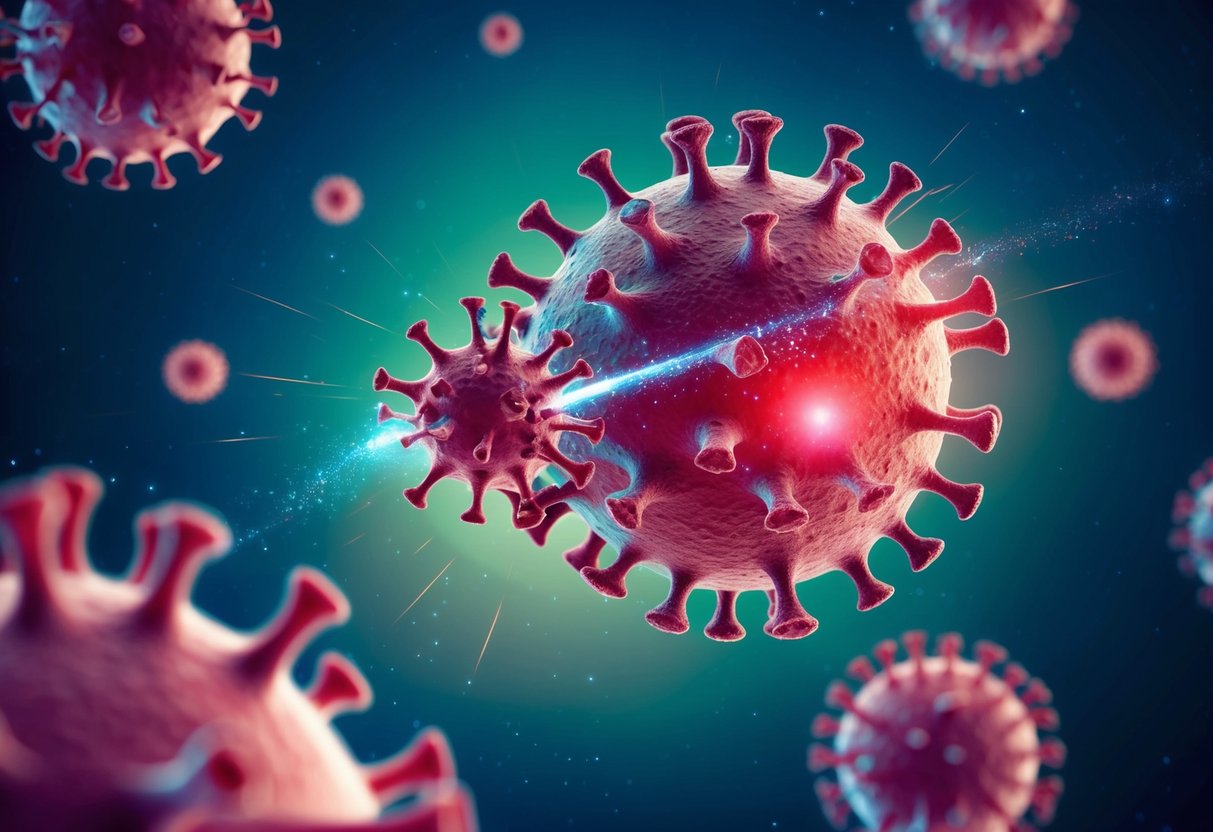 A virus particle interacting with a host cell, attempting to enter and replicate, while lacking the ability to carry out independent metabolic processes