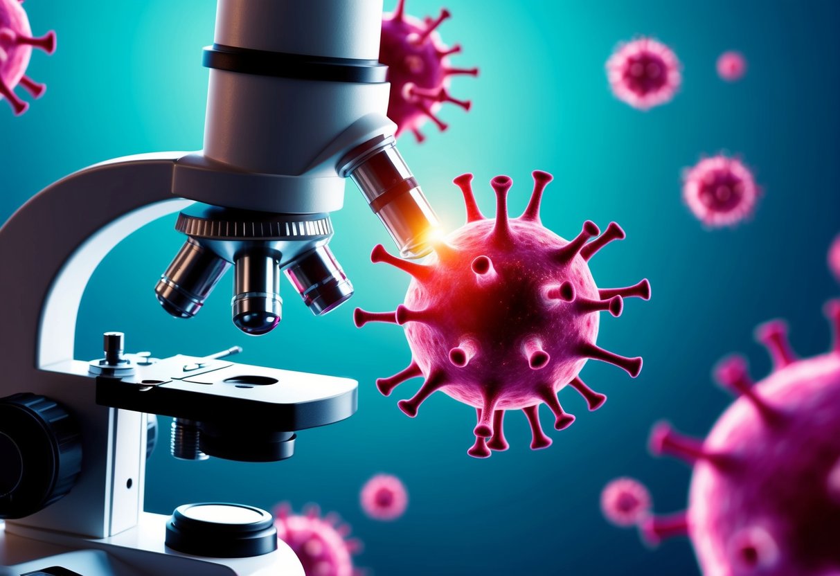 A microscope revealing a virus particle surrounded by host cells, highlighting the non-living nature of viruses