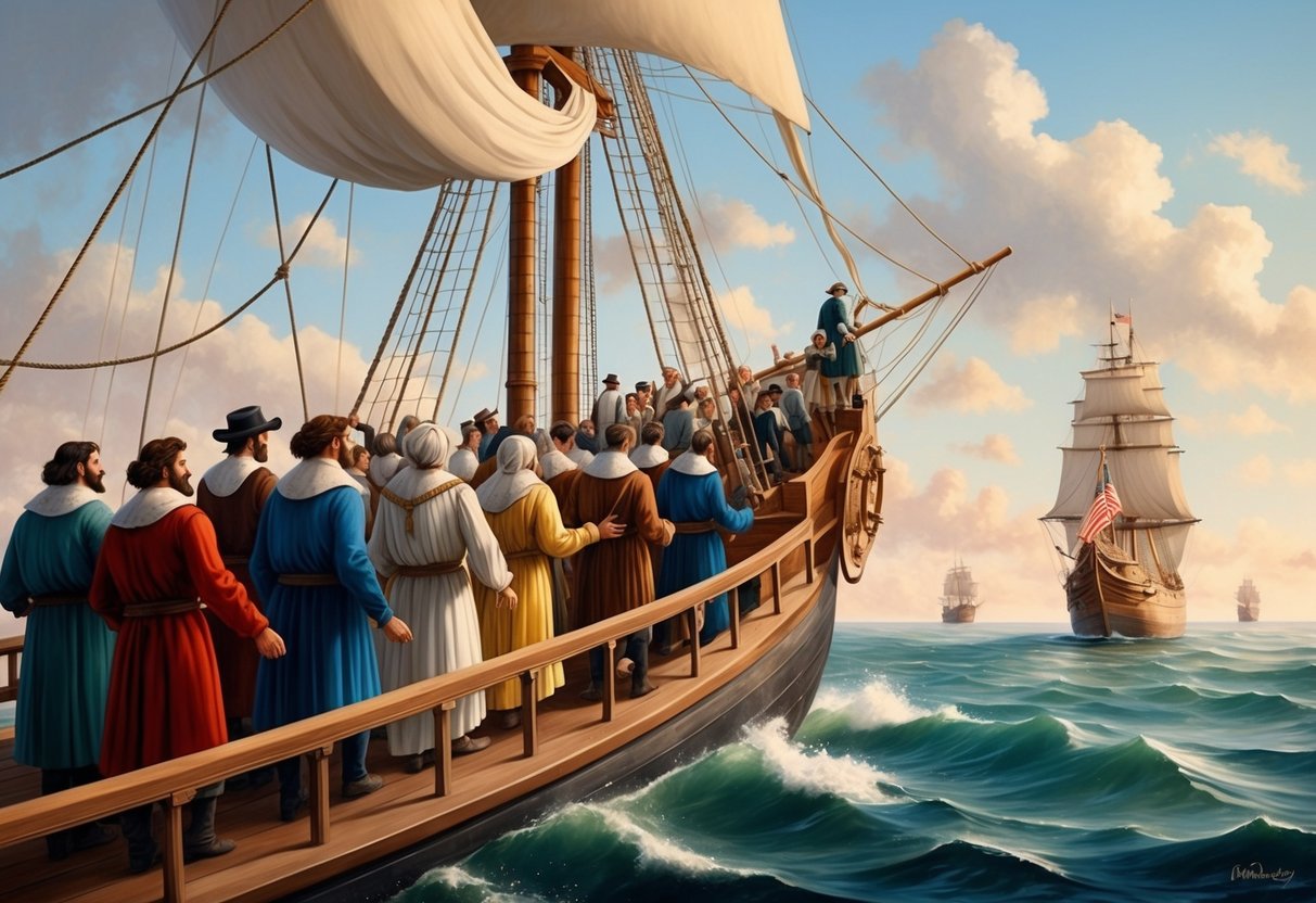 Pilgrims board a ship in England, bound for America