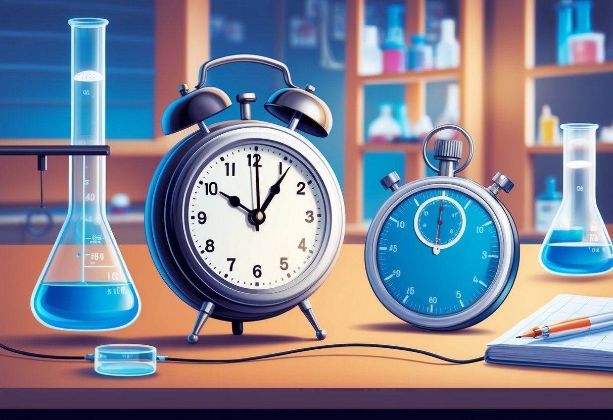 A clock ticking in a laboratory, with a stopwatch showing the smallest unit of time