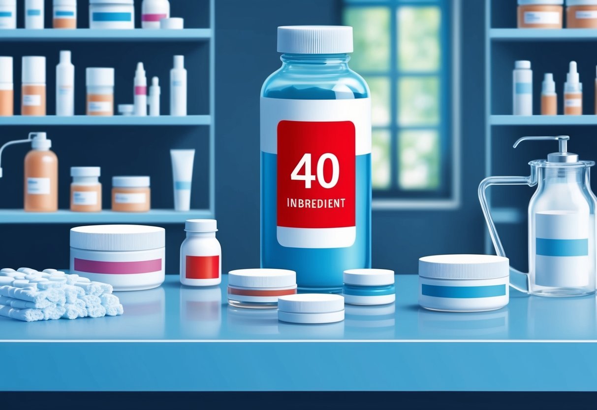 A laboratory setting with shelves of cosmetics and pharmaceuticals, prominently featuring a red 40 ingredient label