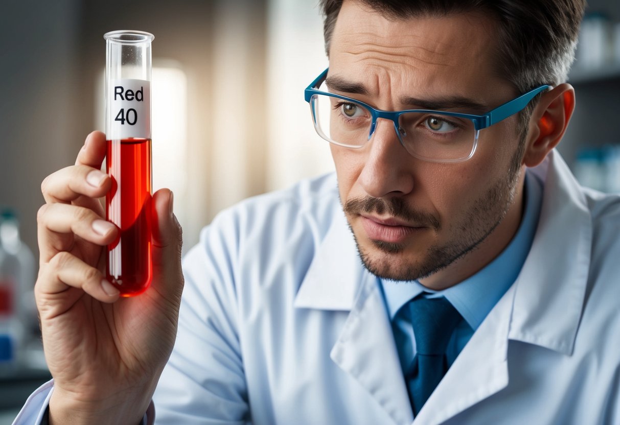 A scientist examining a test tube labeled "Red 40" with a concerned expression on their face