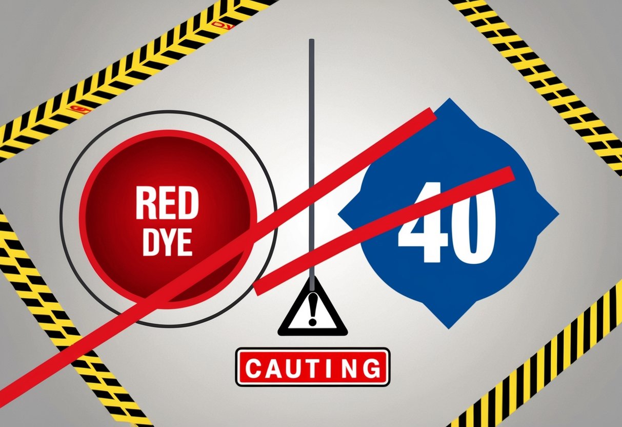 A red 40 dye being crossed out with a red circle and a line, surrounded by warning symbols and caution tape