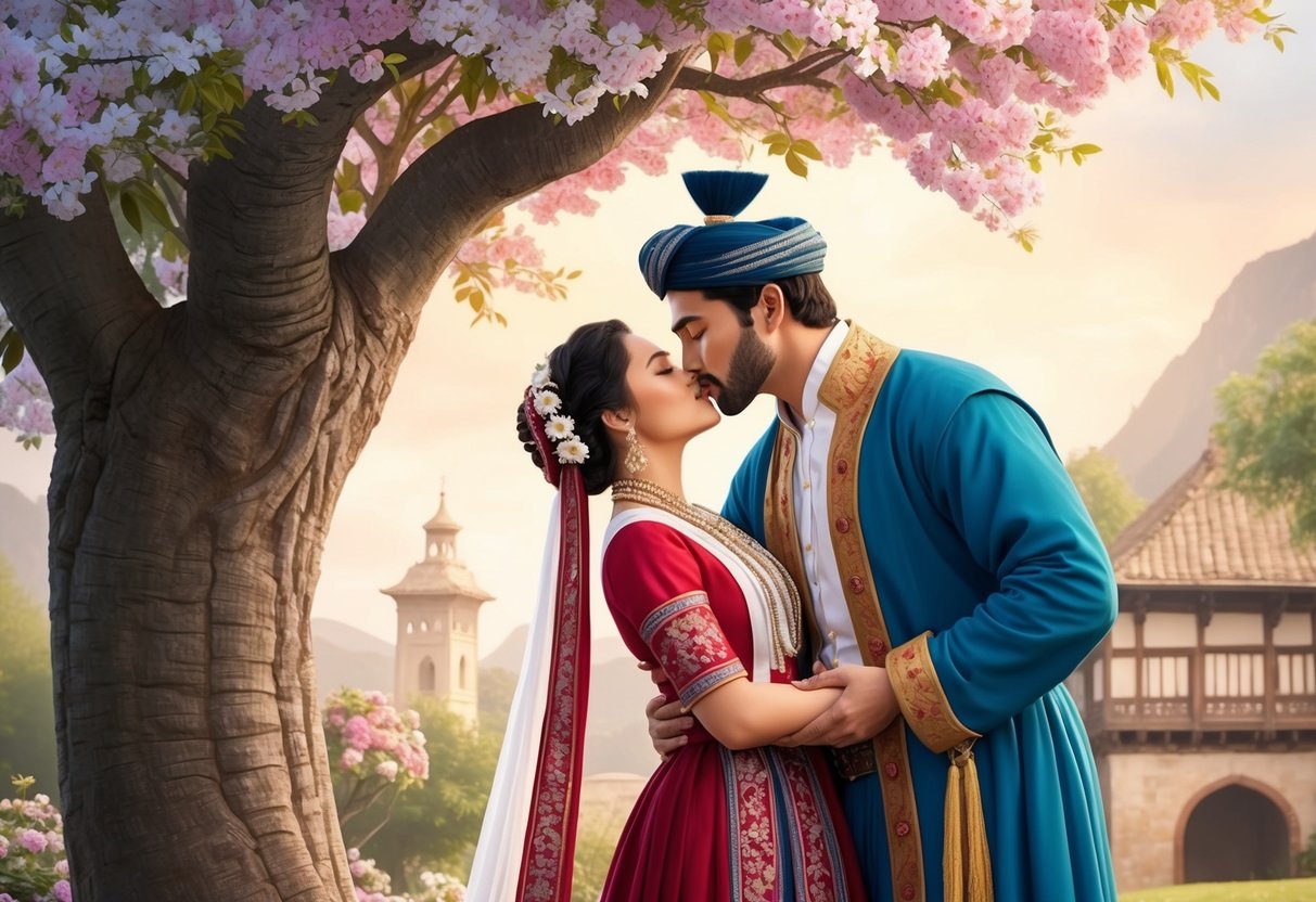 A couple in traditional attire kissing under a flowering tree in a historical setting