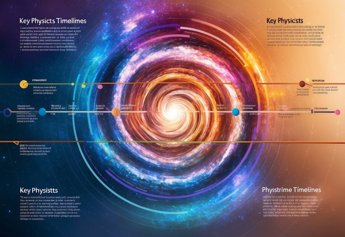 A swirling galaxy with intersecting timelines, representing the contributions of key physicists to the understanding of space-time