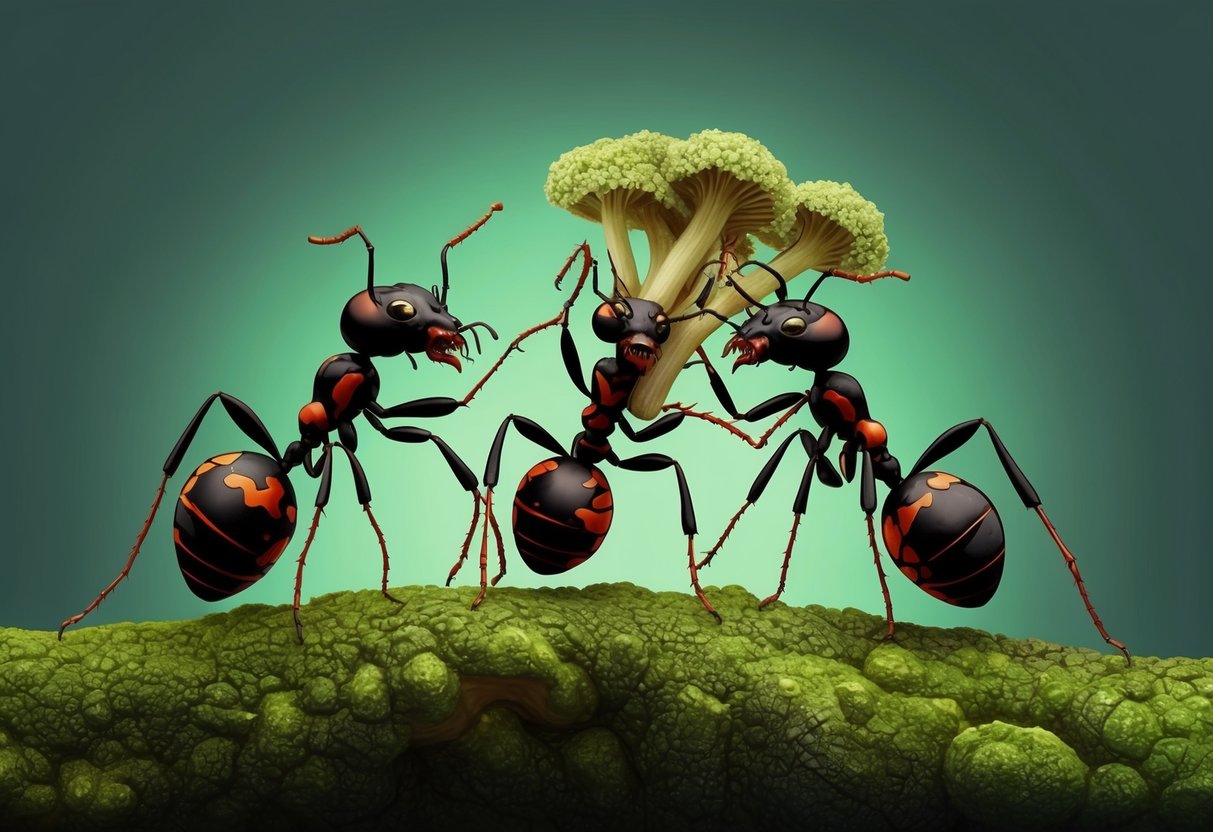 Zombie ants infected by fungus, with distorted bodies and fungal growth emerging from their heads