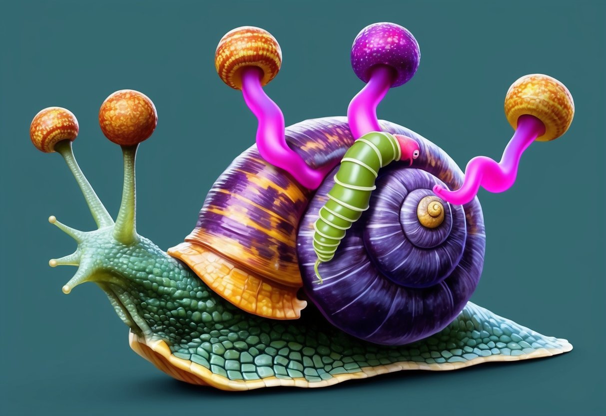 A snail with pulsating, colorful tentacles emerging from its eyestalks, while a parasitic Leucochloridium worm wriggles inside its body