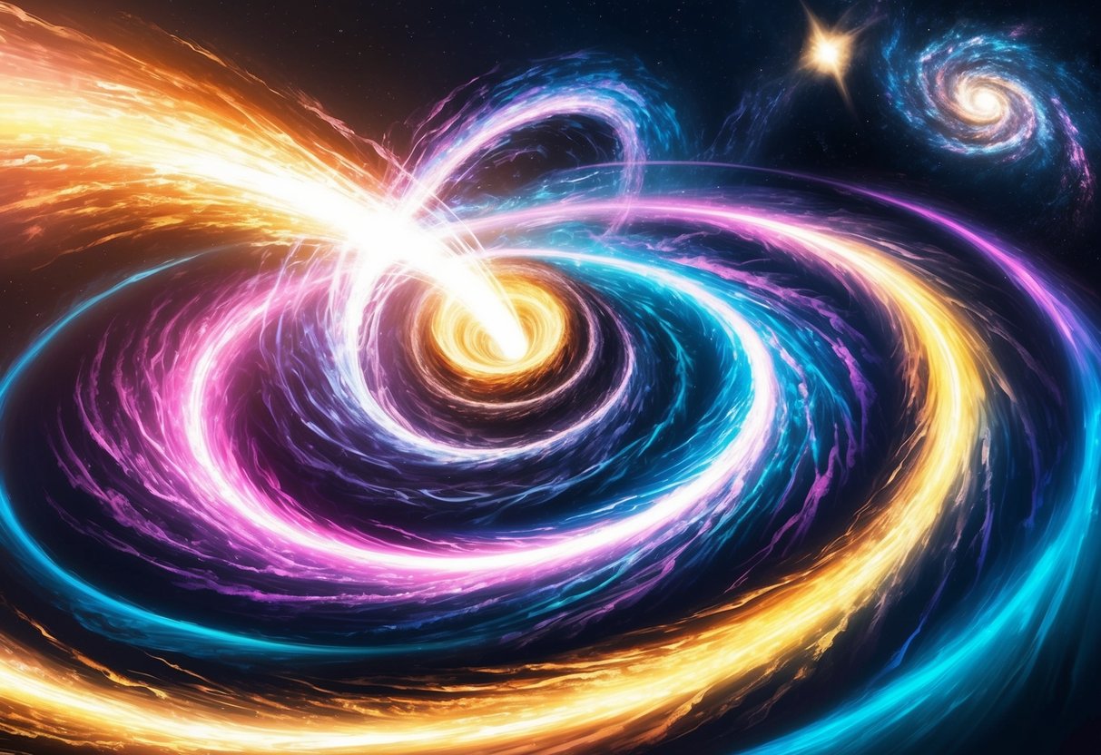 A swirling vortex of colorful energy, bending and distorting the fabric of space-time, with stars and galaxies in the background