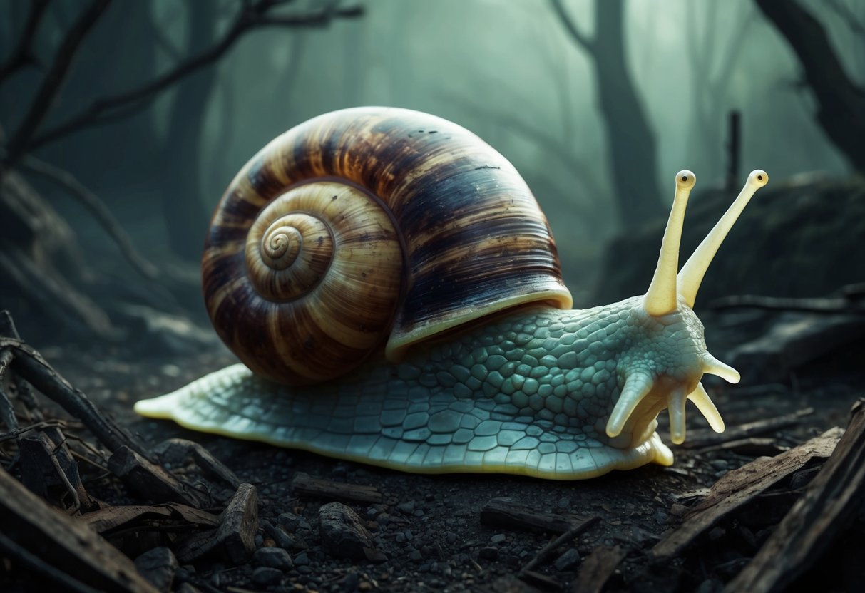 A zombie snail with a global presence and distribution, surrounded by decay and eerie atmosphere