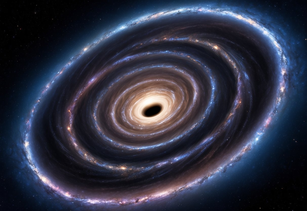 A swirling vortex of stars and gas spiraling into the massive black hole at the center of the Milky Way galaxy