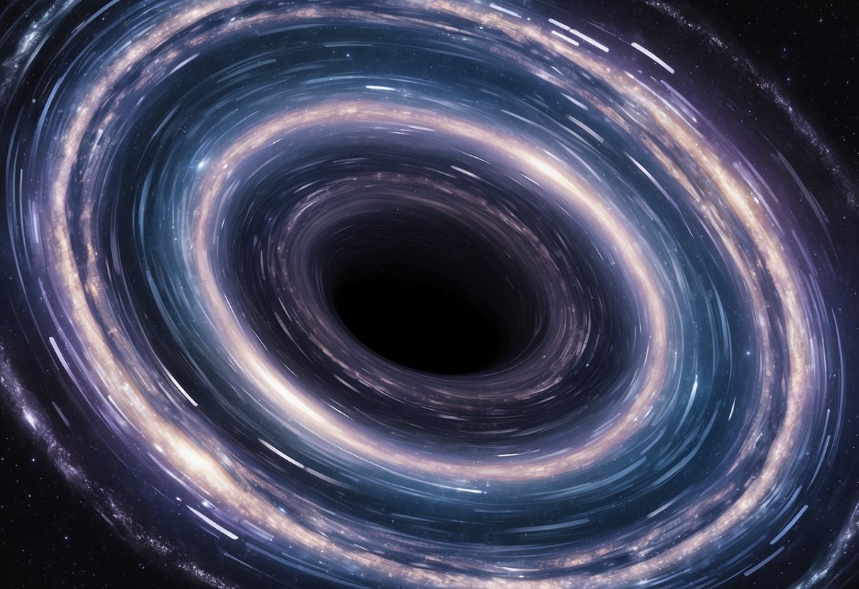 A swirling vortex of light and matter spirals around a supermassive black hole at the center of the Milky Way galaxy, exerting a powerful gravitational force