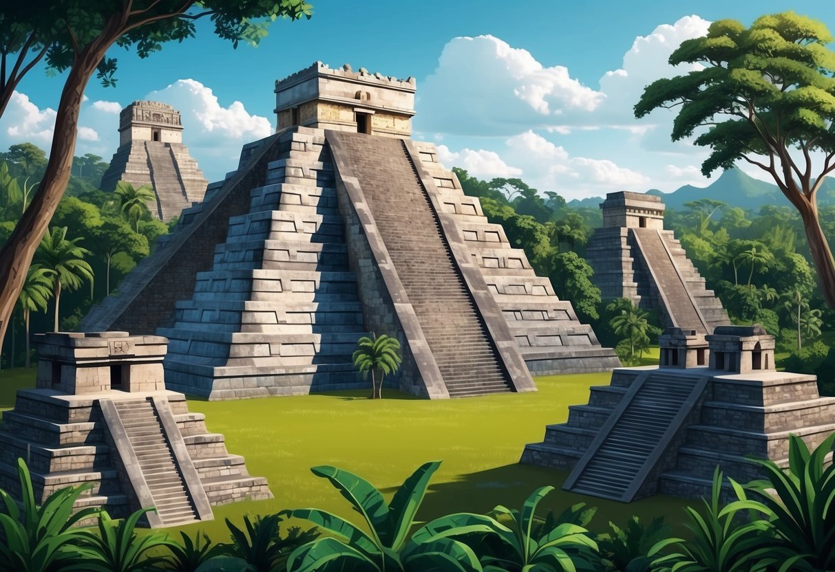 Ancient Mayan pyramids and temples rise from the dense jungle, surrounded by towering trees and lush greenery.</p><p>The intricate stone structures showcase the architectural and design prowess of the ancient civilization