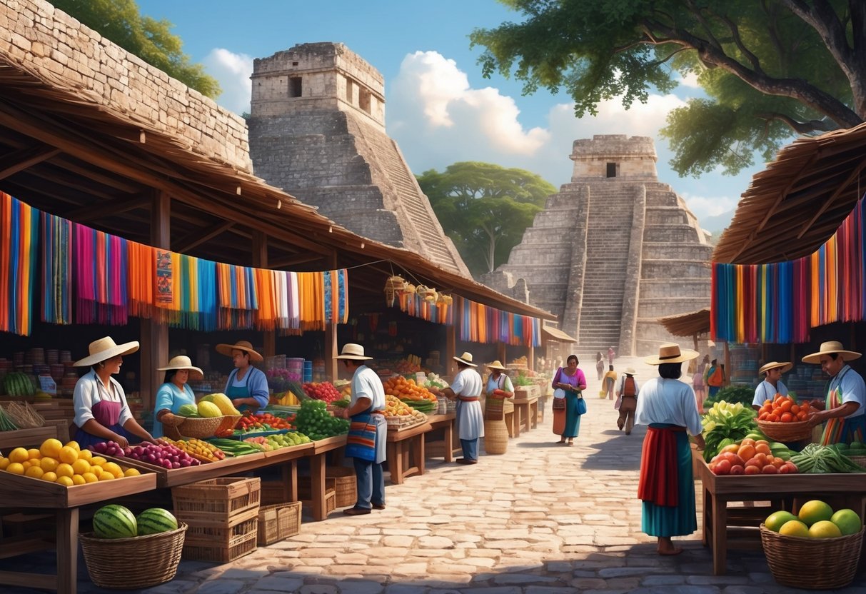 The bustling marketplace of Tikal, with merchants selling colorful textiles and fresh produce, surrounded by ancient Mayan ruins